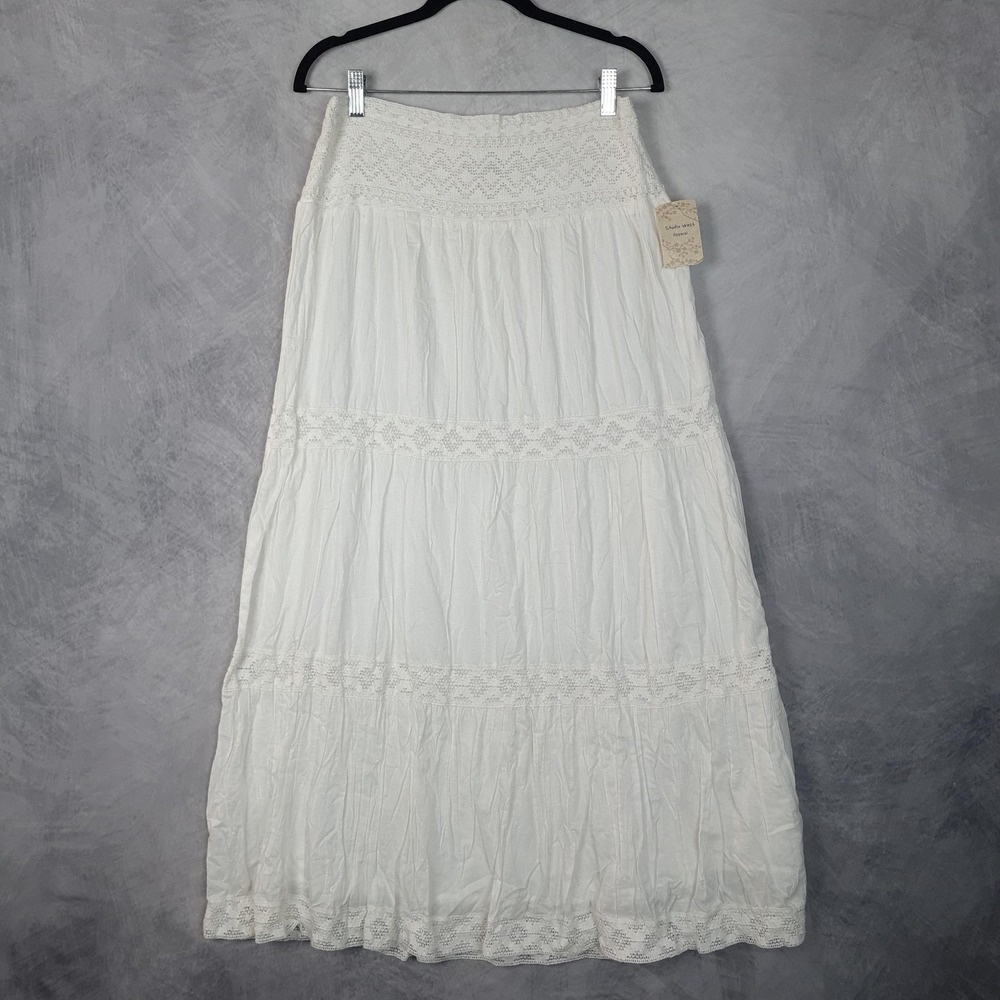 Peasant Romantic Maxi Skirt Womens Medium White Long Milk Maid Lace Tiered Boho